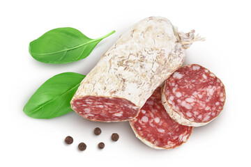 Cured salami sausage isolated on white background. Italian cuisine with full depth of field. Top view. Flat lay