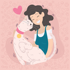Happy girl hugging her cute cat Vector illustration