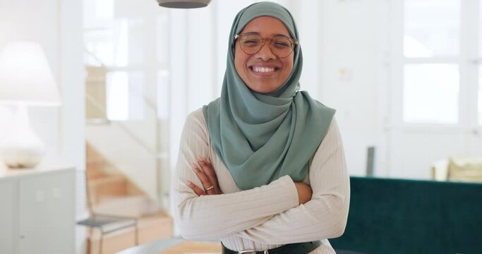 Muslim, arms crossed and portrait of business woman in office working in leadership, management and vision. Islamic, smile and global with employee for goals, innovation and happy at desk for success