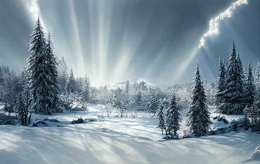 Fotobehang Beautiful winter landscape.  Majestic white spruces glowing by sunlight. Picturesque and gorgeous wintry scene.  © Viks_jin