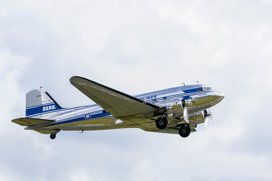 Liepaja, Latvia - August 07, 2022: Douglas DC3 plane in flight during Baltic International Airshow