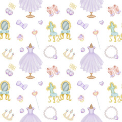 Seamless pattern of watercolor fairy tale princess elements (purple princess dress and accessories), illustration on a white background