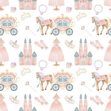 Seamless pattern of watercolor fairy tale princess elements (princess castle, carriage, princess dress, crown), illustration on a white background