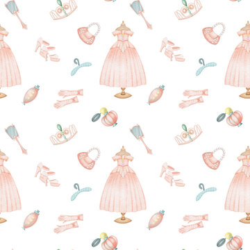 Seamless pattern of watercolor fairy tale princess elements (princess dress and accessories), illustration on a white background