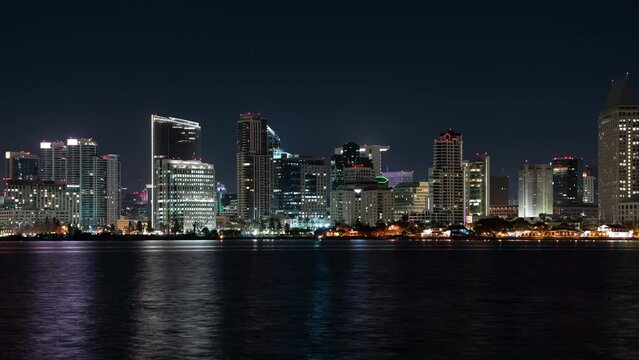 San Diego Downtown Skyline from Bayview Park Coronado Island Night Time Lapse California USA