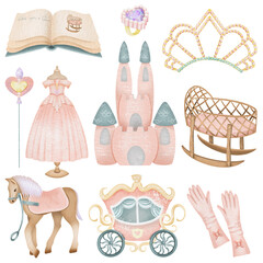 Set of watercolor princess elements, pink princess dress, castle, crown etc, isolated illustration on a white background, baby shower girl clipart, birthday clipart © nastyasklyarova