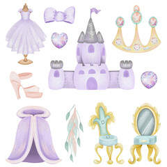 Set of watercolor princess elements, purple princess dress, castle, crown etc, isolated illustration on a white background, baby shower girl clipart, birthday clipart © nastyasklyarova