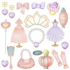 Set of watercolor princess elements, princess dress and accessories, isolated illustration on a white background, baby shower girl clipart, birthday clipart © nastyasklyarova