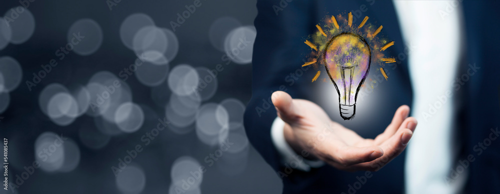 Poster man using lightbulb idea interface