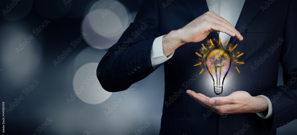 Poster man using lightbulb idea interface