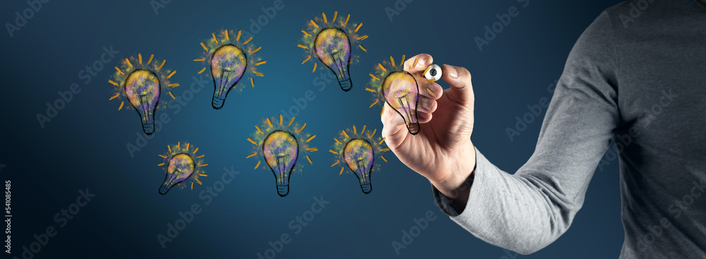 Poster man using lightbulb idea interface