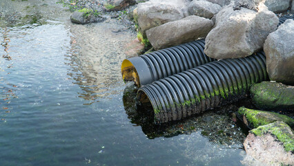 Sewage dumping in the ocean. Sewage pollution causes environmental crisis. Urban waste and...