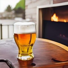 Glass of beer on wooden table in front of an outdoor fire place