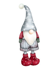 Scandinavian Christmas gnome in silver hat, Christmas winter gnome illustration