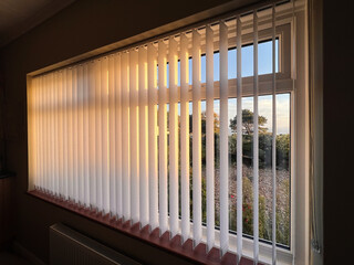 Vertical blinds with a golden glow as the sun sets.There is a tree and a view of the sea through the window. - 541086284