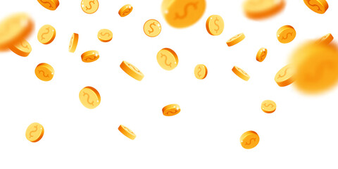 3d vector gold rain coins floating in the air banner design. Realistic render falling down metal round dollars isolated on white background. Casino, jack pot, gold mine wealth, cash back concept.