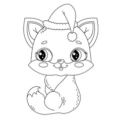 Children's coloring kitty Christmas sitting in a Santa hat. Children's vector illustration for children's room, textile, poster, postcard, coloring book.