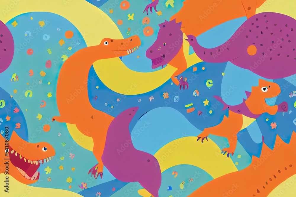 Poster 2d illustration seamless kids pattern with dinosaurs and rainbows