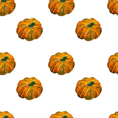 Watercolor pattern on a white background orange pumpkin with yellow autumn leaves