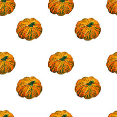 Watercolor pattern on a white background orange pumpkin with yellow autumn leaves