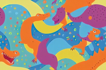 Obraz premium 2d illustration seamless kids pattern with dinosaurs and rainbows