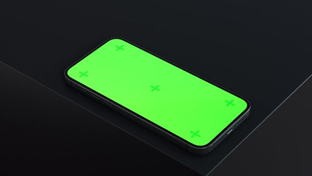 3D phone mockup in black dark environment. Realistic latest new mobile green screen chroma key device with tracking markers in big box. Low camera movement. Mock up animation, corporate business style