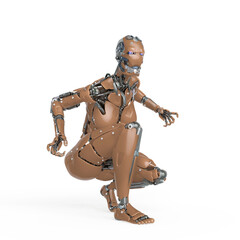 cyborg girl is crouching in action on white background