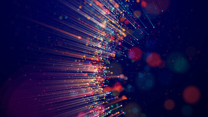 Magic multicolored sparkles of light with rays form flickering abstract simple structures like fiber optic or laser show with amazing bokeh for fantastic background. 3d render © Green Wind