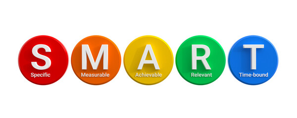SMART - a strategy for setting goals and objectives - Specific, Measurable, Achievable, Relevant and Time-bound. Colored circles isolated on white background. 3D rendering - obrazy, fototapety, plakaty
