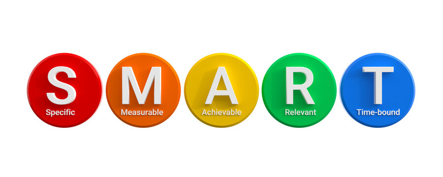 SMART - a strategy for setting goals and objectives - Specific, Measurable, Achievable, Relevant and Time-bound. Colored circles isolated on white background. 3D rendering