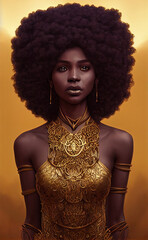 Beautiful sophisticated black girl with an afro hairstyle in a golden outfit.