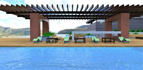Sudden freezing of the surface of the water in the pool on the territory of the summer patio in the mountains. All the furniture is in its place, no one expected such a quick cooling. 3d rendering.