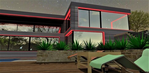 Comfortable sun loungers on a terrace board in a recreation area in front of a country elite house with scarlet facade illumination. 3d rendering.