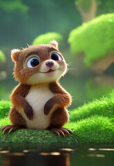 Cute smiling beaver cub drawn in 3d cartoon style.