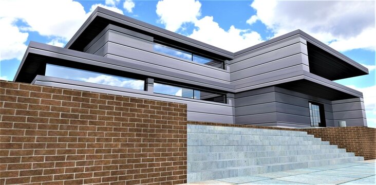 A massive concrete staircase to the high blind area of a modern country house. The combination of brown brick walls and aluminum panels. 3d rendering.