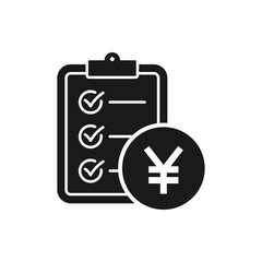 Yen currency sign and clipboard. Money checklist, financial report flat icon isolated on white background. Vector illustration