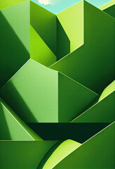 A background of green geometric shapes with clear edges, a piece of the sky is visible.