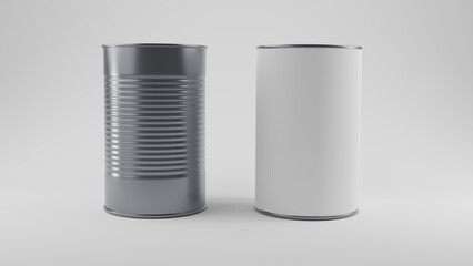 Mock up of aluminium tin cans for food, vegetables, fruits, beans, meat. Tin can with blank copy space. 3D render