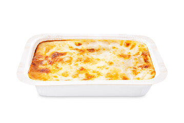 Meat lasagna on a white isolated background