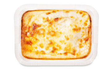 Meat lasagna on a white isolated background