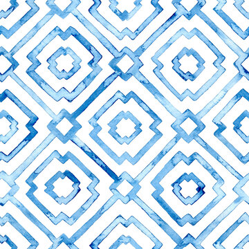 Fototapeta Seamless geometric watercolor pattern. White and blue textile print. Handwork with paints on paper. Grunge texture.