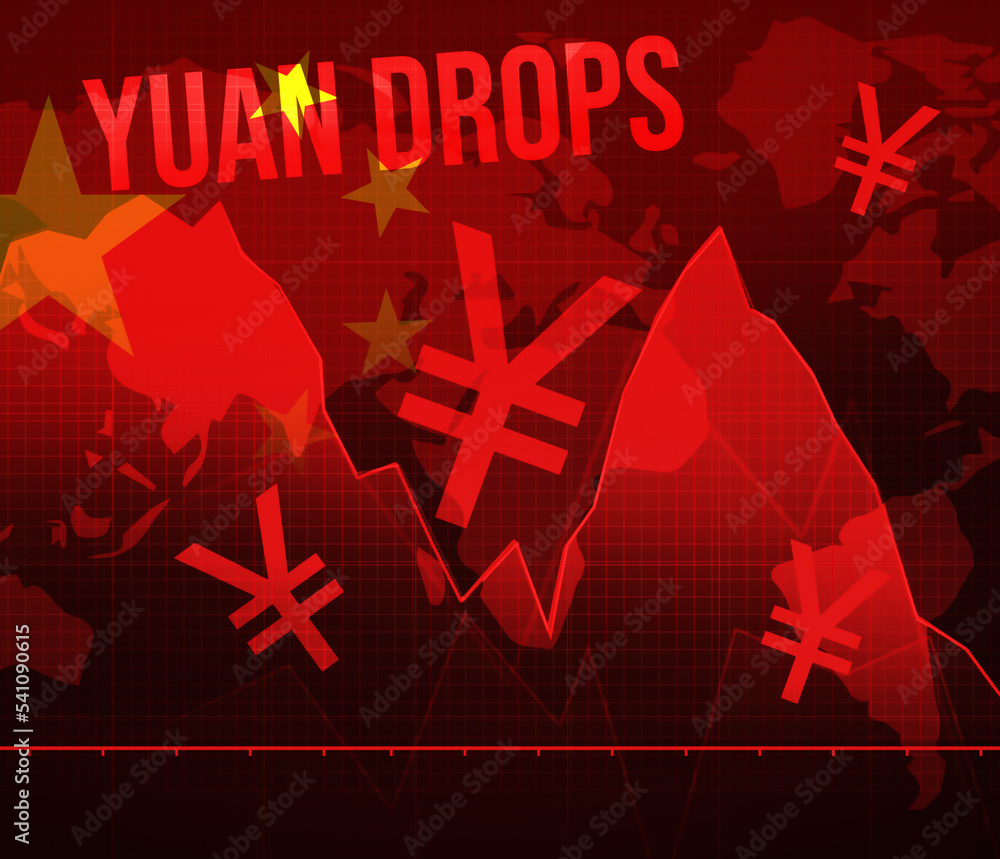 Poster chinese yuan price goes down concept background with a red alarming graph and symbols. chinese curre