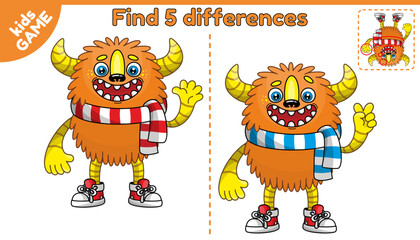 Find the differences. Educational game and puzzle for kids. Development of attention. Cartoon monster. Vector illustration.
