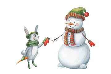 Watercolor christmas cartoon illustration with cute little rabbit and smiling snowman. Hand-drawn winter traditional characters for greeting card. Art of friendship.