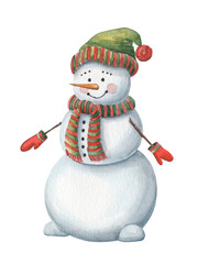 Cute watercolor snowman in hat and scarf isolated on white. Cartoon funny christmas character for scrapbooking.