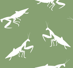 Vector seamless pattern of hand drawn mantis silhouette isolated on green background