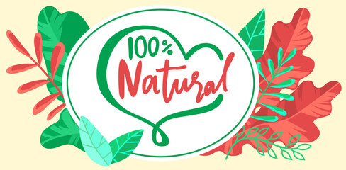 100 natural green lettering sticker with colorful big leaves. Eco friendly concept for stickers, banners, cards, advertisement. Vector ecology nature design. Ecological environmental products