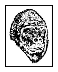 hand drawn monochrome gorilla head illustration