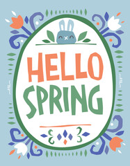 Hello spring - cute Easter themed phrase lettering illustration. Modern dust colors typography design.