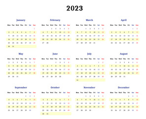 2023 Calendar in standard format on white background